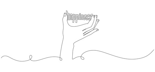 Continuous One Line Drawing of Hand Holding Happiness Word