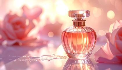 An elegant, glass bottle of pink fragrance sits among soft-focus roses and water droplets, with warm bokeh lights