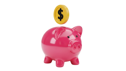 Pink piggy bank with coin falling into it on white background