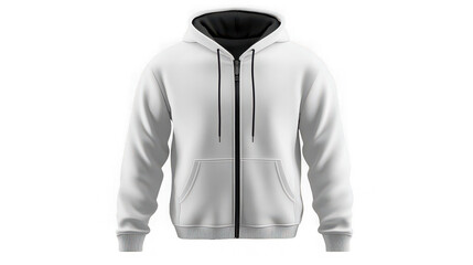 Blank white zip up hoodie mockup with black accents isolated on a solid black background