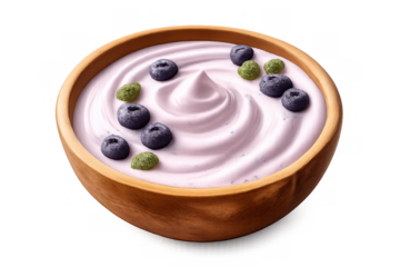 Yogurt smoothie bowl topped with fresh blueberries and green matcha boba pearls, serving healthy breakfast or dessert