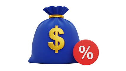 Blue Money Bag with Dollar Sign and Percentage Symbol