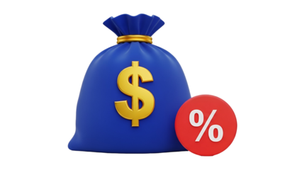 Blue Money Bag with Dollar Sign and Percentage Symbol