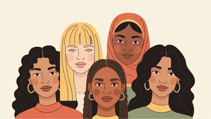 Empowering illustration of diverse women celebrating unity and strength, symbolizing global solidarity and female collaboration for a brighter future