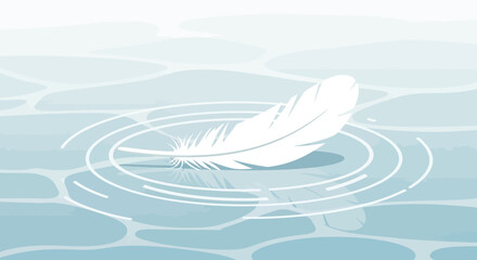 Gentle white feather floating on calm water surface with ripples and reflections creating a serene