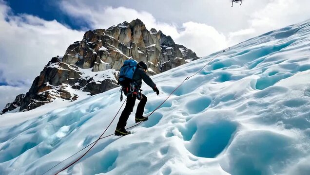 A lone climber ascends a treacherous icy slope, roped to an anchor, with a drone hovering above.