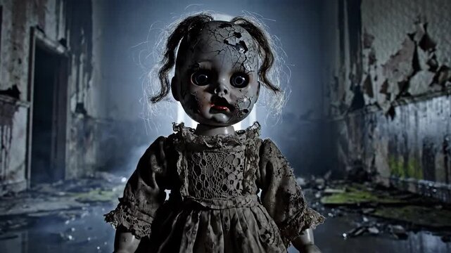 A terrifying, cracked porcelain doll stares intensely with dark eyes under dramatic blue light in a wet, abandoned prison hallway.