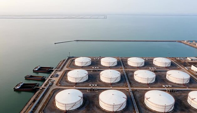 Aerial view of large industrial storage tanks at a coastal port with barges and calm sea waters, water,.