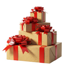 Fototapeta premium isolated transparent background of a pyramid stack of rustic kraft paper gift boxes with vibrant red bows and ribbons, festive presents.