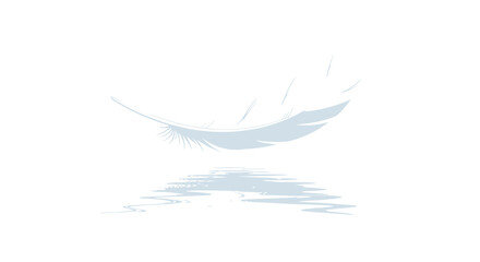 Minimalist illustration of a delicate feather floating above water with subtle reflections in