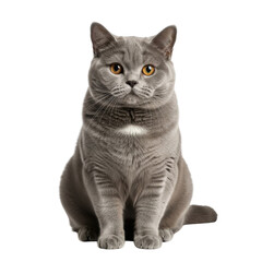 Obraz premium isolated transparent background of a cute grey British Shorthair cat with expressive orange eyes sitting, looking at camera.
