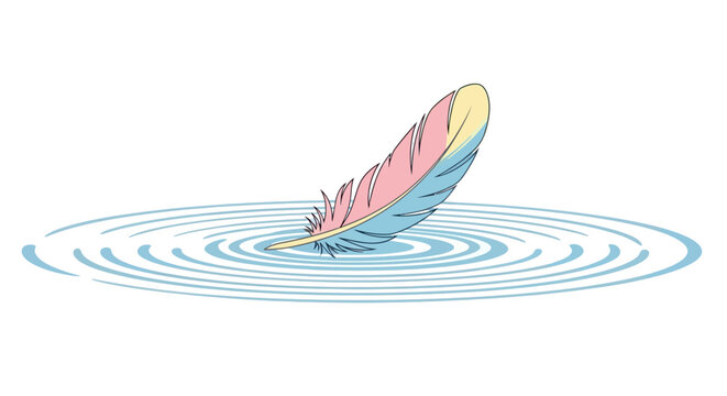 Minimalist Illustration of a Feather Floating on Water Creating Ripples