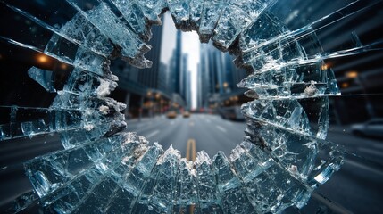 Shattered Glass Metaphor for Chaos in Urban Landscape View