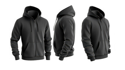 Mockup set showcasing a realistic black zip up hooded sweatshirt template from multiple angles