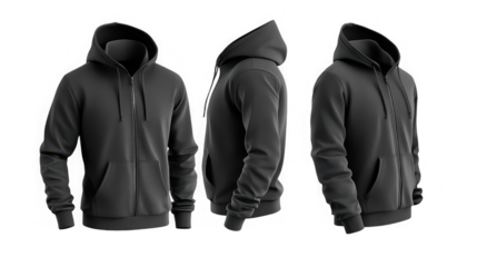 Mockup set showcasing a realistic black zip up hooded sweatshirt template from multiple angles