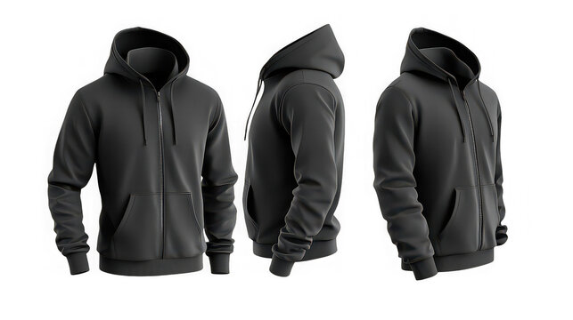 Mockup set showcasing a realistic black zip up hooded sweatshirt template from multiple angles