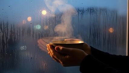 Atmospheric concept of poverty or comfort. Hands holding a simple bowl of hot food with steam rising, set against a blue rainy window background. Symbolizes warmth, hunger relief, or breaking fast (If