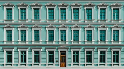 Fototapeta premium Facade of a building with rows of windows and door.