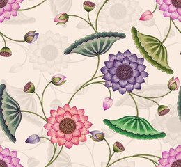 Vibrant floral pattern with pink, purple and green flowers on light sober colour background. Floral seamless design. 