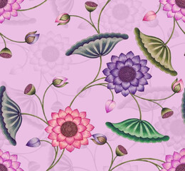 Vibrant floral pattern with pink, purple and green flowers on light sober colour background. Floral seamless design. 