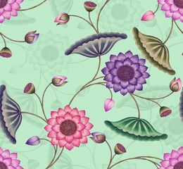 Vibrant floral pattern with pink, purple and green flowers on light sober colour background. Floral seamless design. 