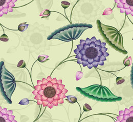 Vibrant floral pattern with pink, purple and green flowers on light sober colour background. Floral seamless design. 