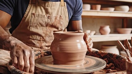 Close-up of a skilled artisans hands meticulously shaping wet clay on a spinning pottery wheel, demonstrating the ancient craft of ceramic making in a rustic studio environment, highlighting the crea.