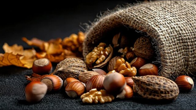 A still life of various nuts spilling from a burlap sack, alongside fallen leaves, set against a dark textured background