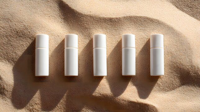 Five white lip balms on sand, top view.