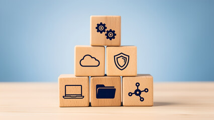 Data security cloud storage folder laptop connection network icon concept on wooden block pyramid