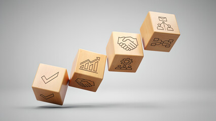 Business strategy success partnership growth teamwork collaboration planning abstract wooden cube with business icon floating grey studio