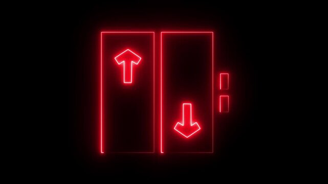 Neon glowing elevator doors with up and down arrows and call buttons icon . Neon blue elevator doors glowing with up and down arrows and floor indicators on black background abstract technology.