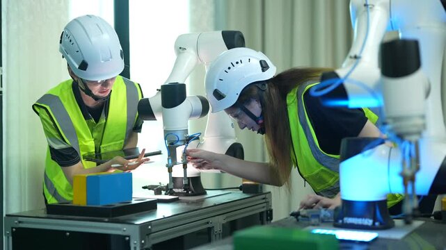 Professional engineering team testing collaborative robots. Female specialist inspecting automated machinery while colleague uses tablet to calibrate systems in a modern smart factory.