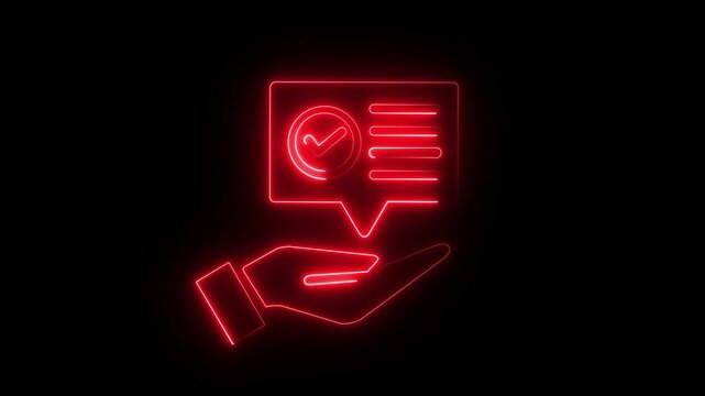 Glowing neon hand holding speech bubble with checkmark and list icon ,black background abstract communication concept glowing sign, Yellow Neon Hand Holding Checklist Icon.4k video animation.