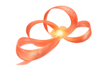 Vibrant orange ribbon dances and twirls, forming an energetic whirl with a luminous beam at its core against a clear backdrop