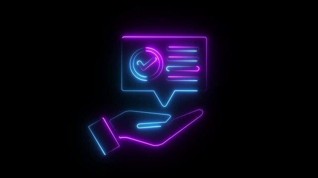 Glowing neon hand holding speech bubble with checkmark and list icon ,black background abstract communication concept glowing sign, Yellow Neon Hand Holding Checklist Icon.4k video animation.
