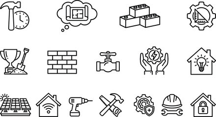 Home construction and building services line icons set featuring tools utilities smart home energy safety renovation concept