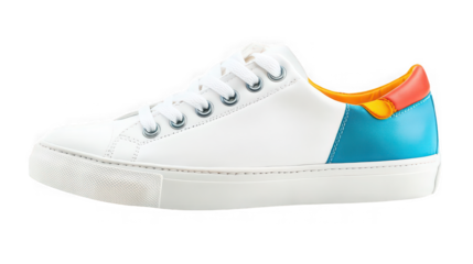 Stylish white leather low top sneaker featuring vibrant blue orange and yellow accents for a modern look