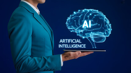Business professional presenting artificial intelligence concept on tablet