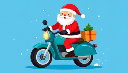 Animated Santa Claus, in festive attire, rides a turquoise motorcycle carrying a gift box topped with a small Christmas tree. Snowflakes gently fall