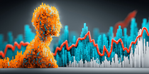Digital human figure with stock market charts