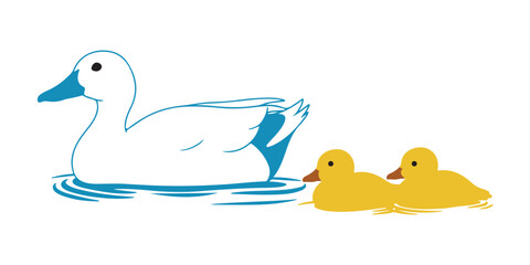 A white duck moving gracefully in the water with her adorable yellow ducklings
