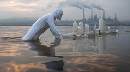 Sculpture in Polluted Water with Plastic Bottles and Factory Smoke