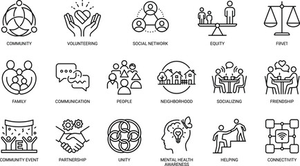 Community and social connection line icons set representing volunteering equity friendship communication mental health unity partnership neighborhood support concepts
