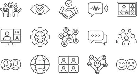 Community communication and collaboration line icons set showing teamwork, trust, networking, online meetings, social connection, mental health, support, interaction