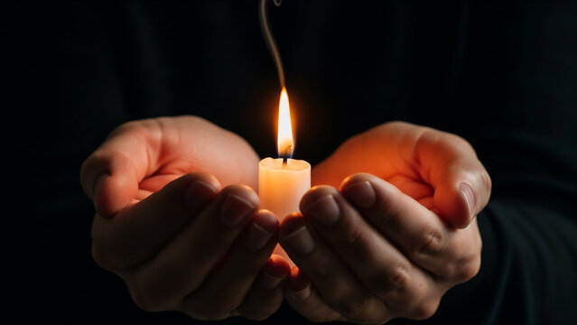Young hands with candle symbolizing fragile hope and remembrance