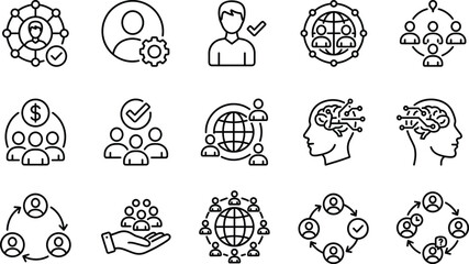 Business teamwork and global networking line icons set, showing leadership management collaboration people connections AI innovation workflow strategy corporate illustration