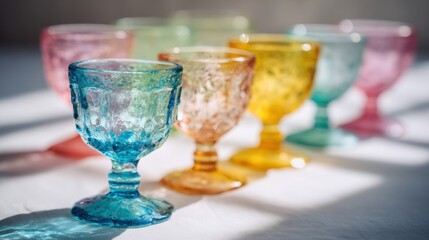 Colorful vintage glass dessert cups arranged in a row, showcasing various hues and textures, creating a vibrant and inviting atmosphere
