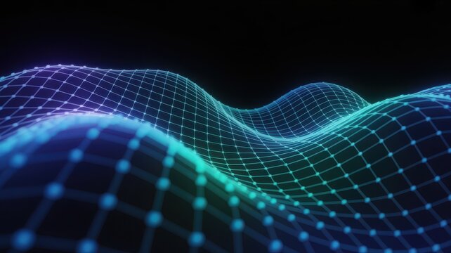Futuristic 3D landscape with a glowing blue and green wireframe mesh forming undulating waves against a black background - Powered by Adobe