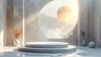 Architectural interior with stage & circular opening revealing sun. Plants in vases grace space. Light beams